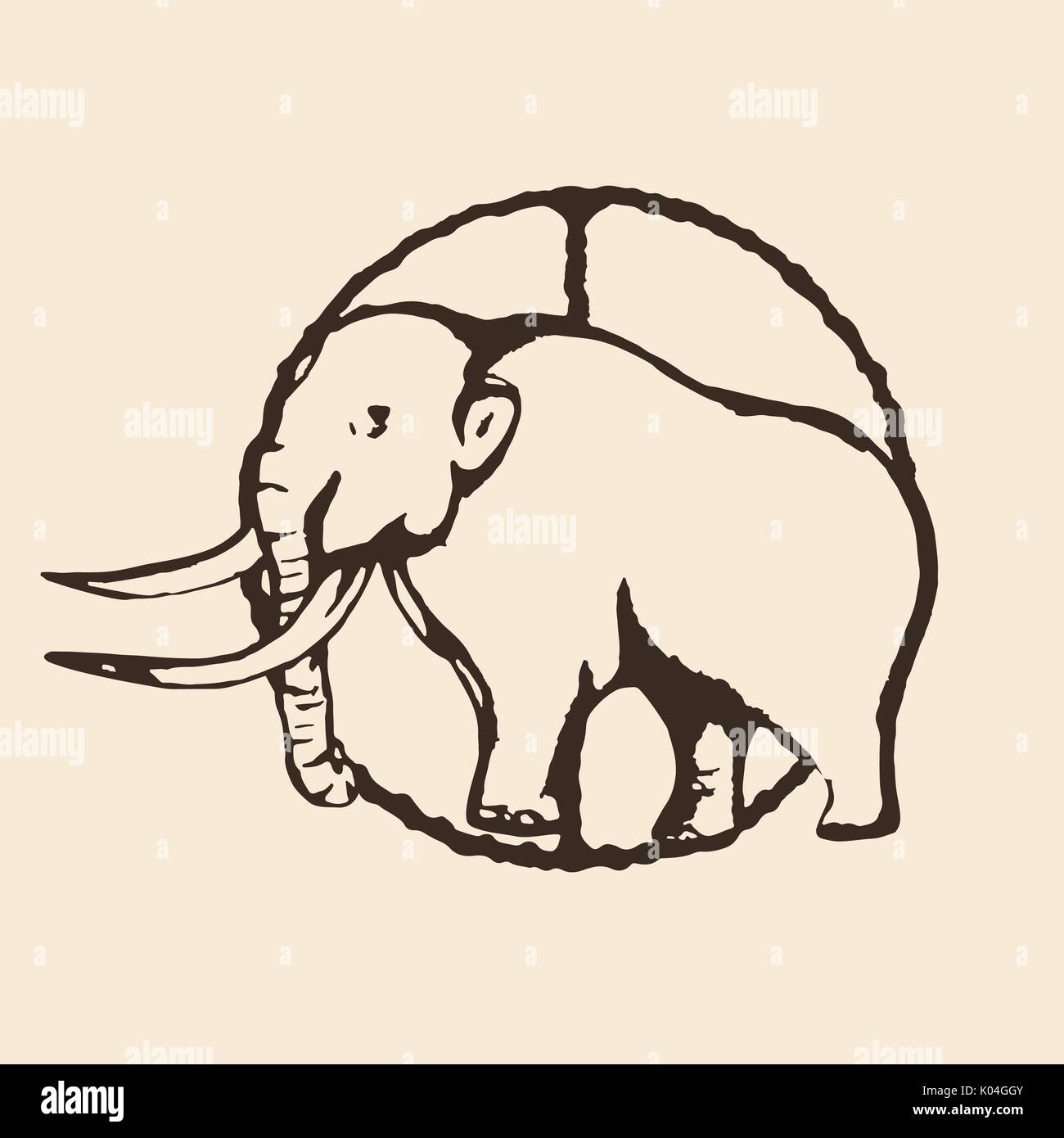 Mammut Outline, Kontur hand Zeichnung, Skizze, auf einem beigen Hintergrund isoliert Stock Vektor
