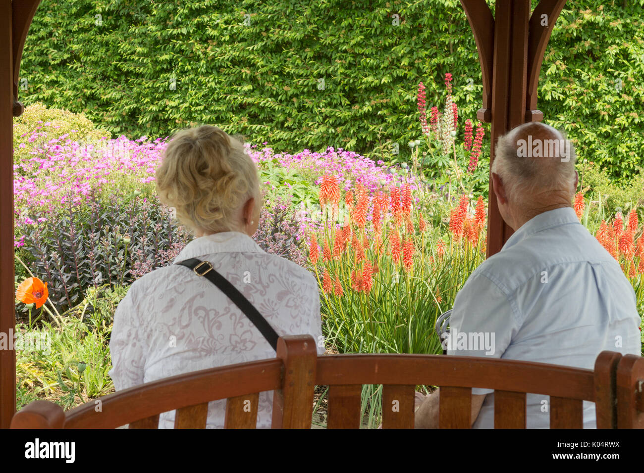 Ältere Paare besuchen Breezy Knie Gärten, York, England, Großbritannien Stockfoto