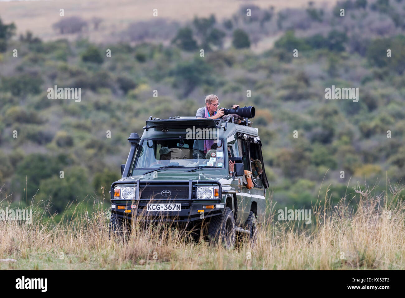 Safari Touristen stehen Ihre lange Teleobjektive auf die Tierwelt aus einer typischen offenen Jeep Safari in die Masai Mara, Kenia zu trainieren Stockfoto