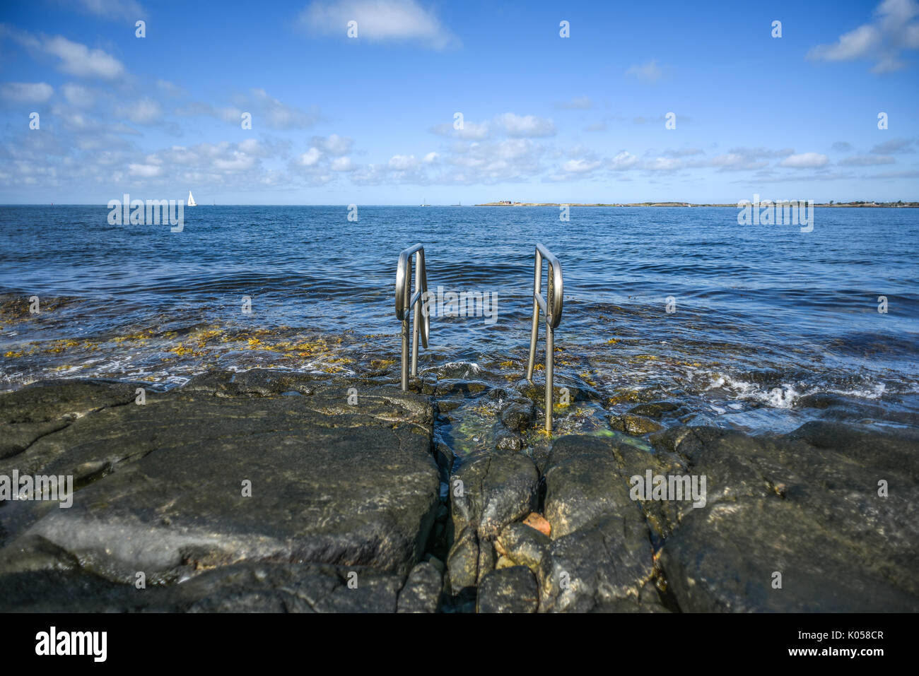 Stein der schwedischen Küste in Varberg mit einer Leiter ins Meer. Stockfoto