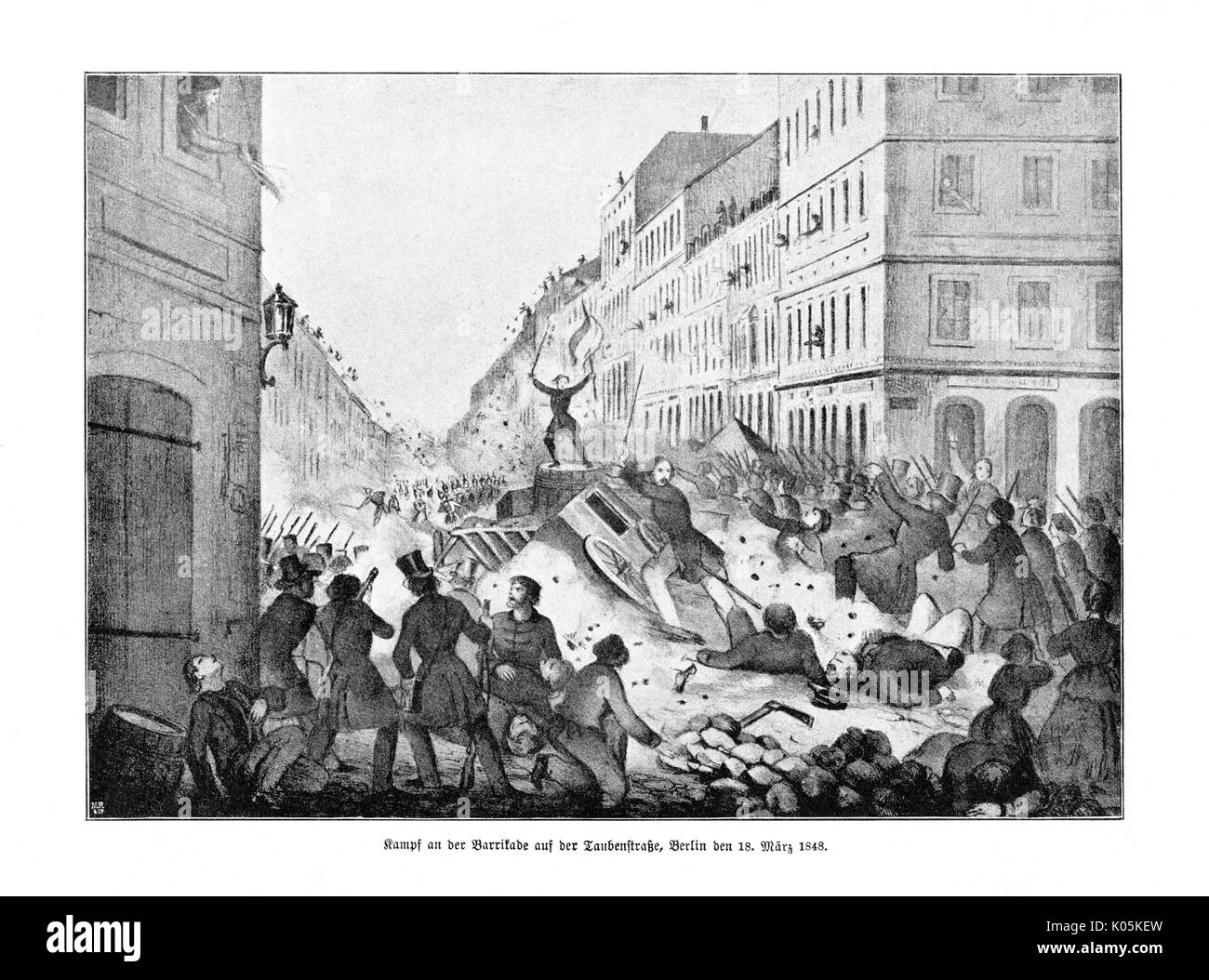 Riot an der Barrikade in Taubenstrase in Berlin Datum: März 1848 18. Stockfoto