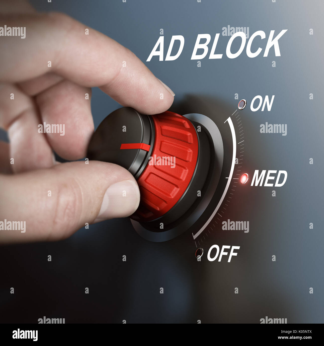 Hand drehen Content Filtering Schalter in mittlerer Position. Ad Blocker Konzept. Das zusammengesetzte Bild zwischen einer hand Fotografie und 3D-Hintergrund. Stockfoto