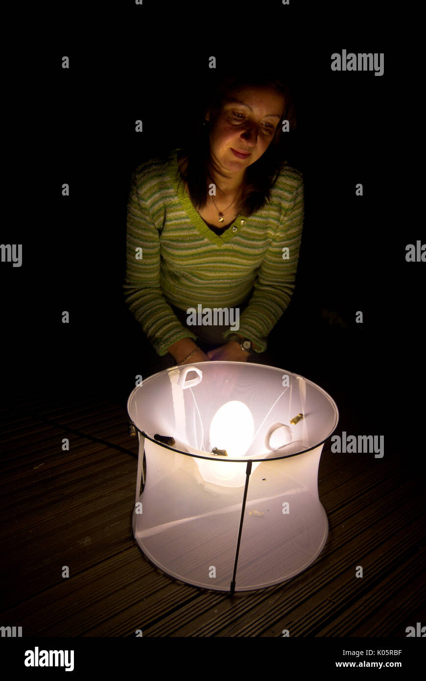 Junge Frau mit Motten falle, bei Nacht, zu gewinnen und sie für Motten, Quecksilberdampflampen Stockfoto