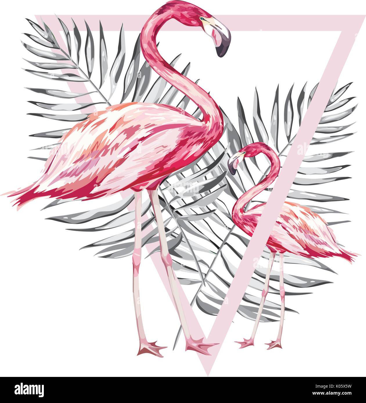 Zwei Flamingos mit tropischen Blättern. Element für die Gestaltung von Einladungen, Filmplakate, Stoffen und anderen Objekten. Auf weiß isoliert. Geometrie gesetzt wird. Vector EPS 10. Stock Vektor