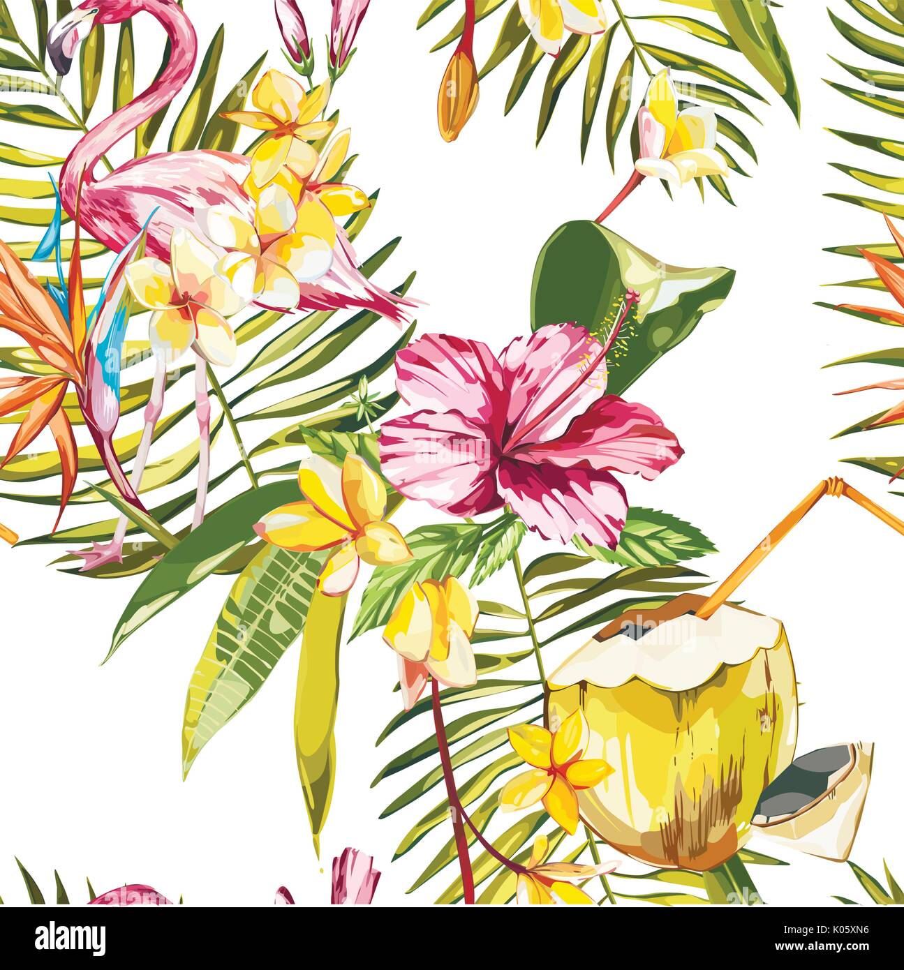 Nahtlose Muster mit tropischen Blumen und Flamingo. Element für die Gestaltung von Einladungen, Filmplakate, Stoffen und anderen Objekten. Auf weiß isoliert. Vector EPS 10. Stock Vektor