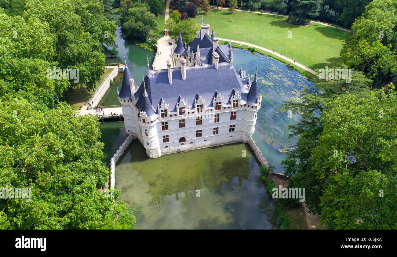 Luftbild von Azay-le-Rideau Schloss in Indre-et-Loire, Frankreich Stockfoto