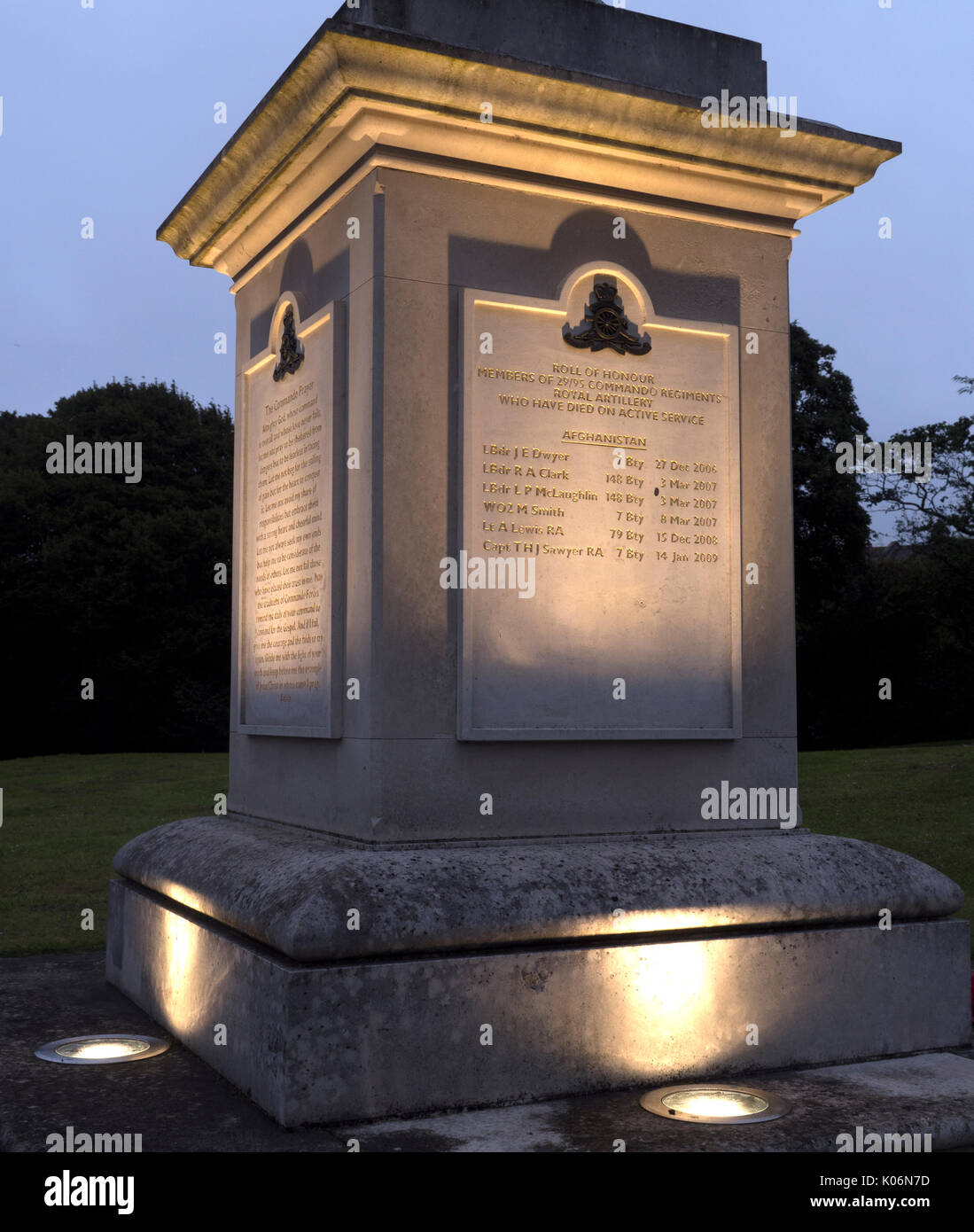 Denkmal für die Mitglieder der 29 Commando Regiment Royal Artillery, die ihr Leben während der Service, Plymouth, England, Großbritannien Stockfoto