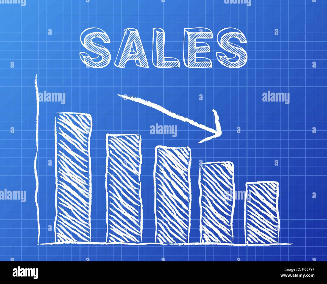 Abnehmende Grafik und Sales Wort auf blueprint Hintergrund Stock Vektor