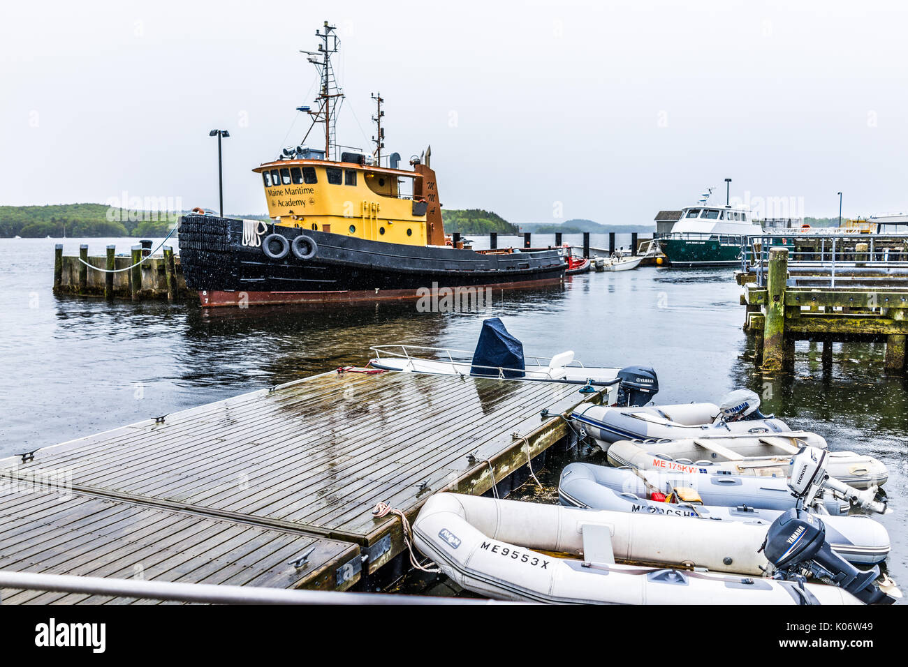 Castine, USA - Juni 9, 2017: leere Holz- Marina Hafen in einem kleinen Dorf in Maine bei Regen mit vielen Booten und Aufsch. Stockfoto