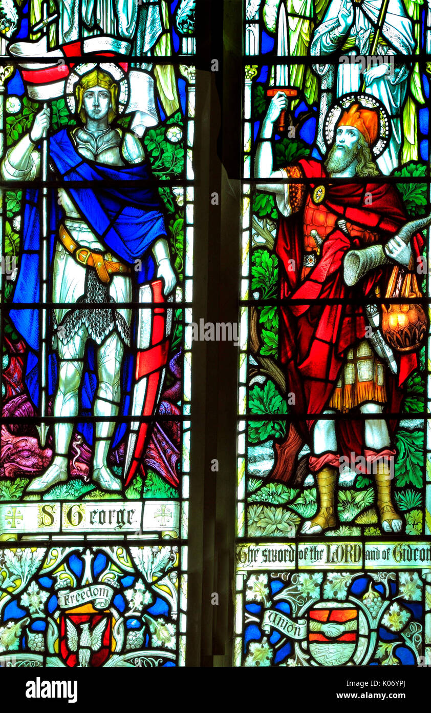 St. George, Gideon, Glasfenster, All Saints Church, Warham, Norfolk, England, UK, Englisch Schule, dem frühen 20. Jahrhundert. Stockfoto