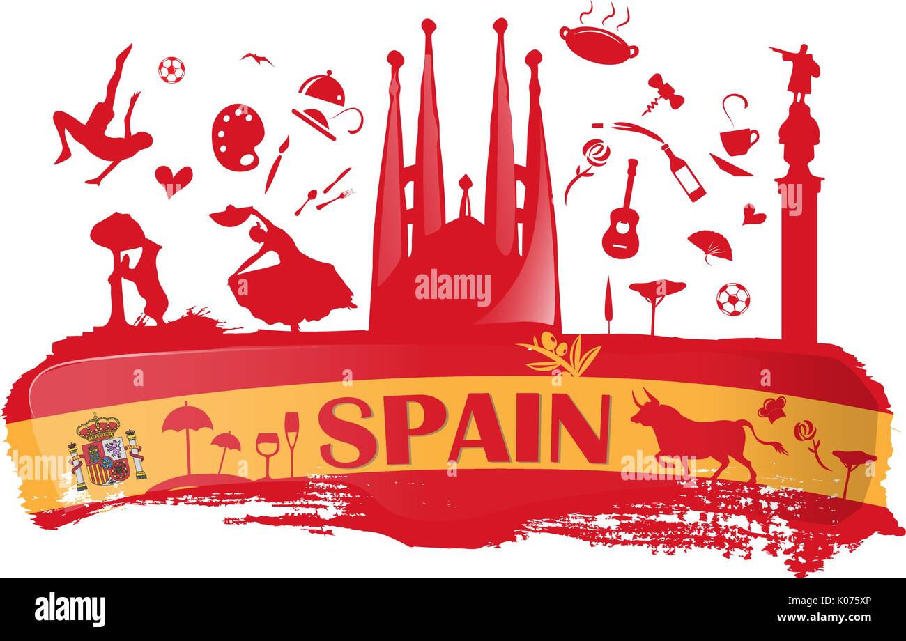 Spanien Fahne mit Symbol Stock Vektor