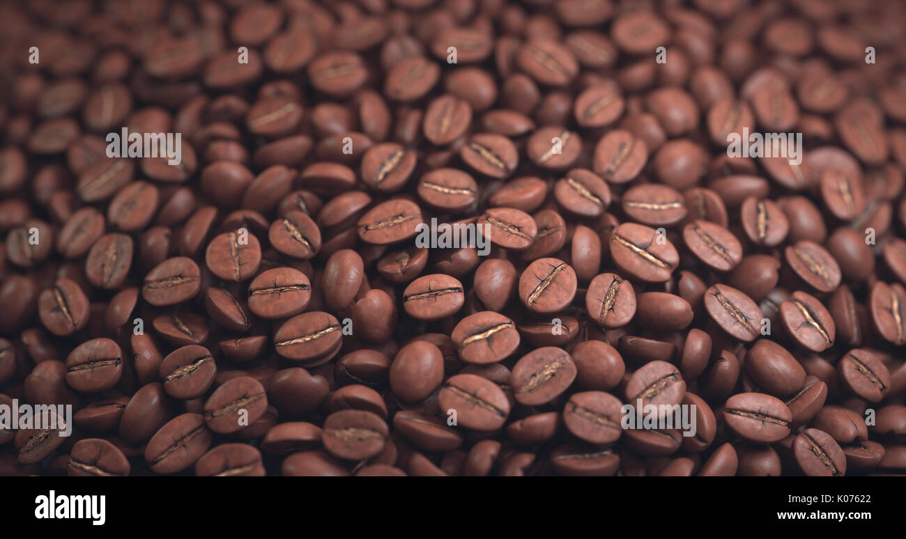 Geröstete Kaffeebohne im Seitenverhältnis ca.: 1,9:1 (4K-Format). Hintergrund sphärische Fläche mit Tiefenschärfe. Stockfoto