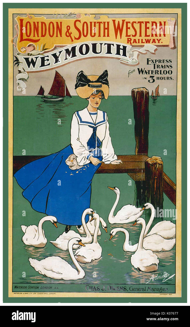 1920 Vintage Retro Poster für die London and South Western Railway für Zugfahrt von Waterloo zu Weymouth, Großbritannien Stockfoto