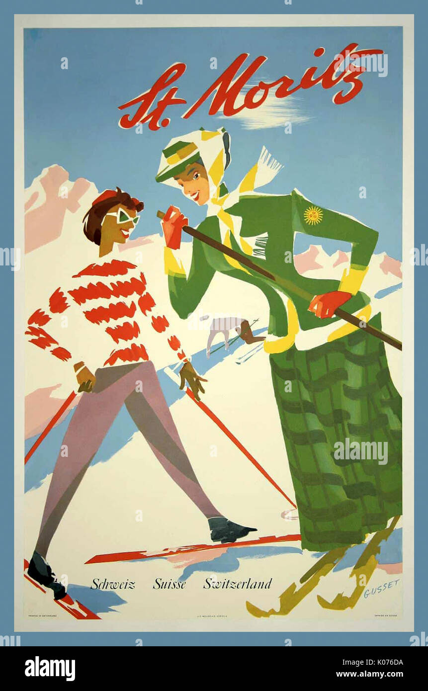 ST. MORITZ VINTAGE RETRO TRAVEL SKI SKI POSTER 1940s Ein vintage travel Poster illustriert von Paul Gusset im Jahr 1948, um das Reisen und Skifahren in St. Moritz Schweiz zu fördern. Stockfoto