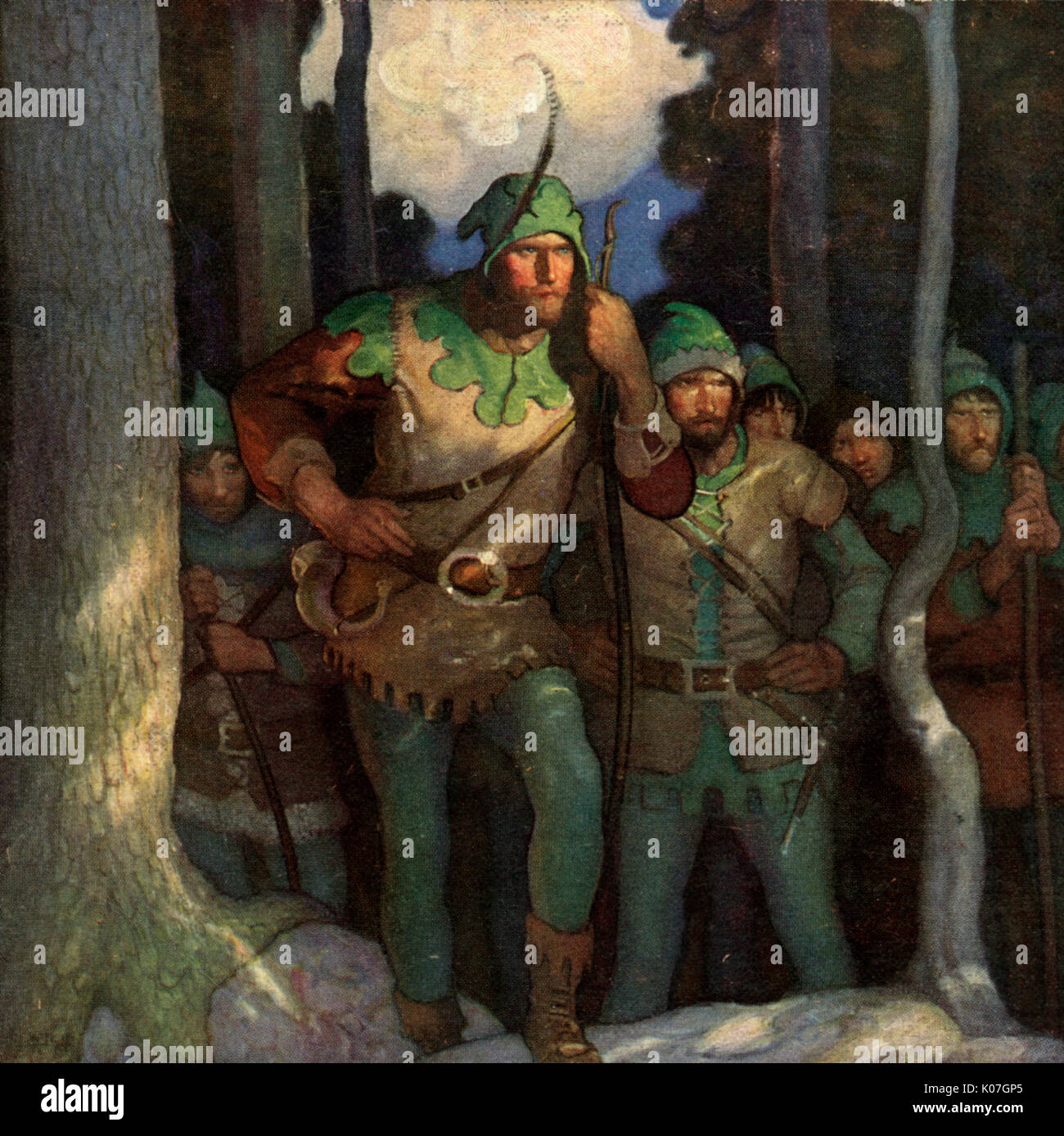 Robin und seine fröhliche Männer entstehen vorsichtig aus dem Wald. Datum: 1921 Stockfoto