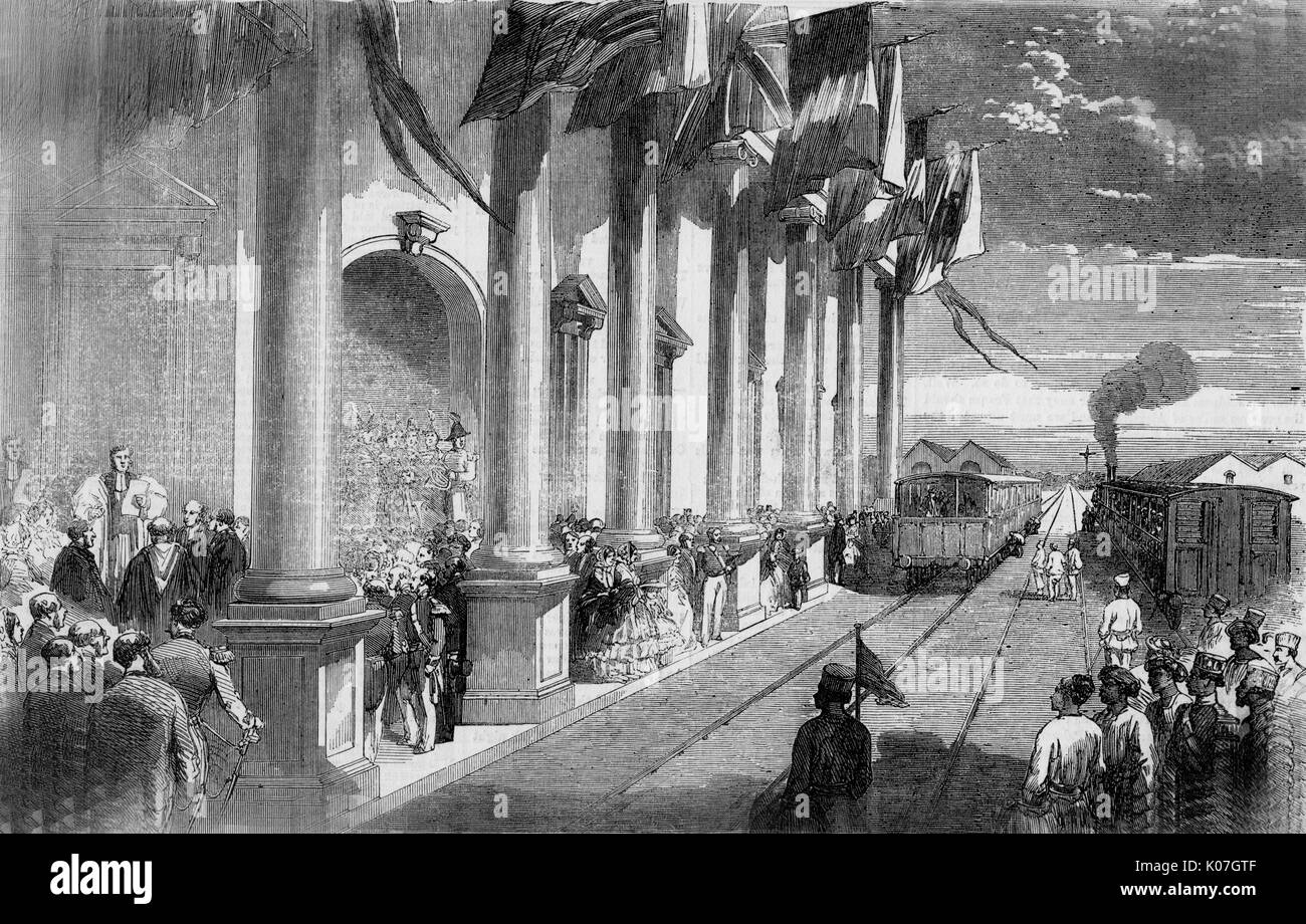 Die Eröffnung der Madras Railway im Süden Indiens, europäischen Damen in crinolines und einem Bischof es auf der einen Seite der Titel zu segnen, Aufständischen Eingeborenen auf der anderen. Datum: 1856 Stockfoto