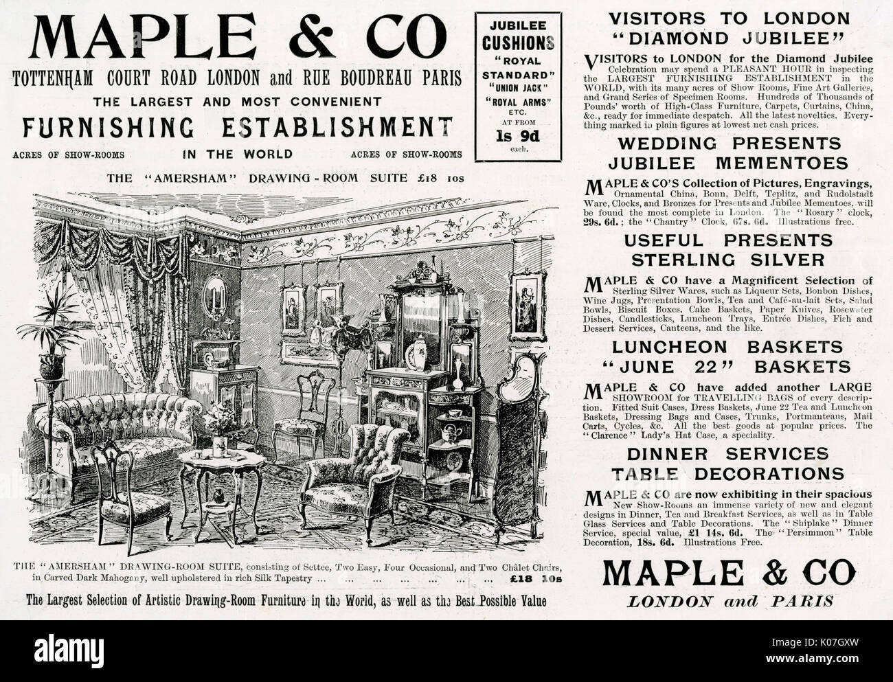 Anzeige für Maple & Co Salon Suite 1897 Stockfoto