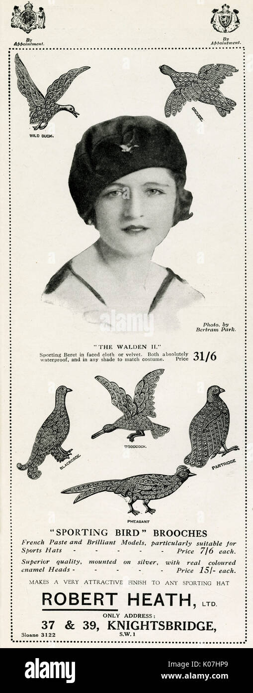 Anzeige für Robert Heath, Sportvögel Broschen 1929 Stockfoto