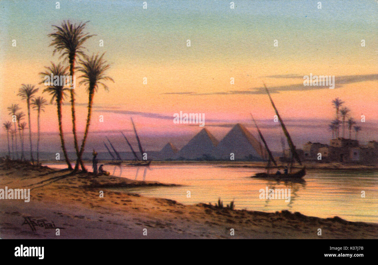 Der Nil und die Pyramiden von Gizeh, Kairo, Ägypten. Datum: ca. 1910 s Stockfoto