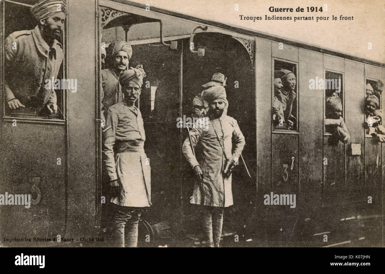 WW 1 - Sikh indische Soldaten in Frankreich mit dem Zug Abfahrt für die vorderen Datum: 1914 Stockfoto