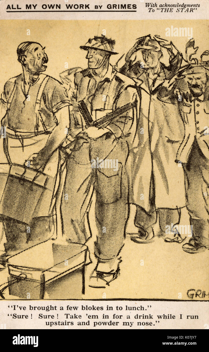 WW2 Uhr - Comic-Postkarte - Restaurateur in Eile Stockfoto