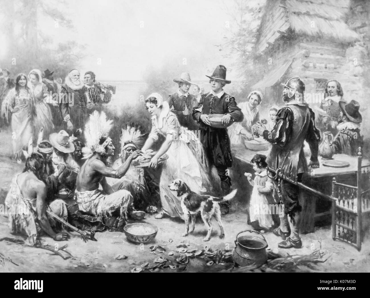 Die Pilger der Kolonie New Plymouth feiern das erste Thanksgiving Stockfoto