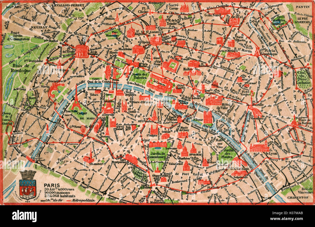 Karte von Paris 1908 mit geografischen und demografischen Daten empfohlene (sowie die Lage aller wichtigen Sehenswürdigkeiten im Zentrum der Stadt). Datum: 1908 Stockfoto