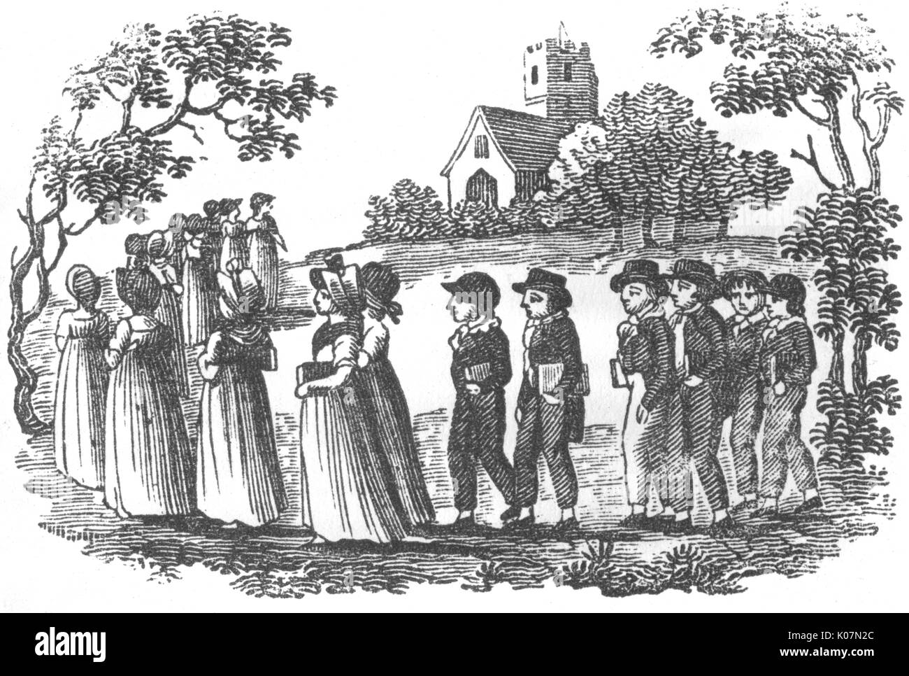 Mädchen und Jungs stehen in Schlange für die Kirche, c. 1800 Stockfoto