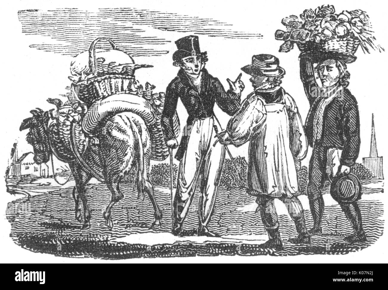 Ein Gentleman hält zwei Bauern mit Körben von Produkten auf einen Esel, vermutlich auf dem Weg zum Markt, C. 1800 Datum: C 1800 Stockfoto
