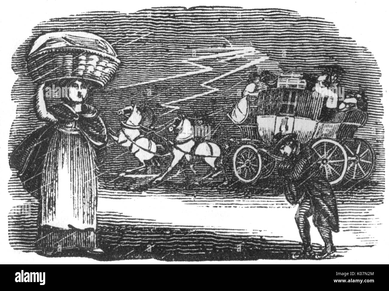 Kutsche und Fußgänger bei Gewitter, c. 1800 Stockfoto