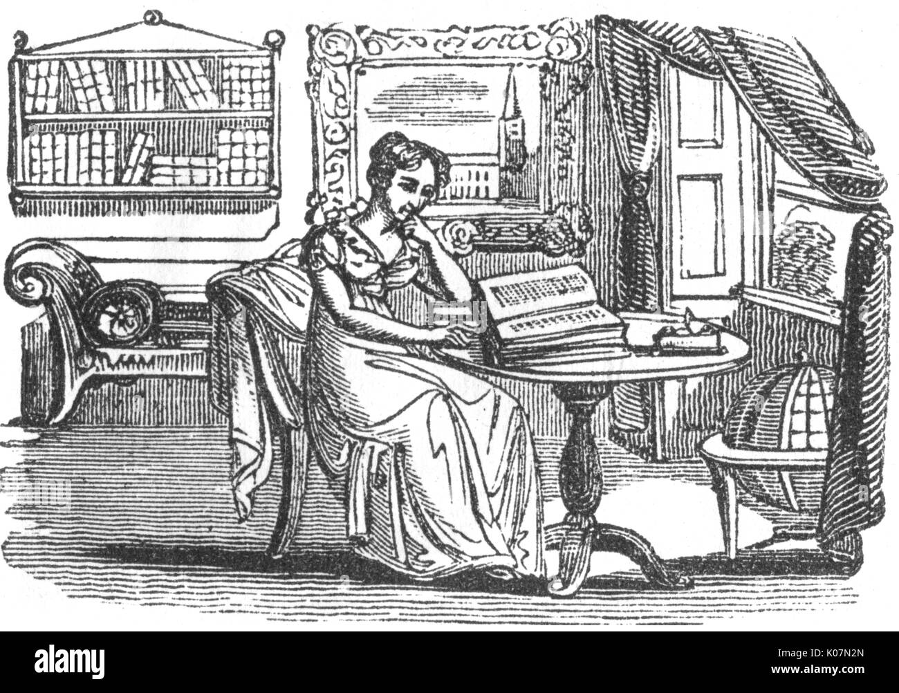 Lady liest in einem Raum, c. 1800 Stockfoto