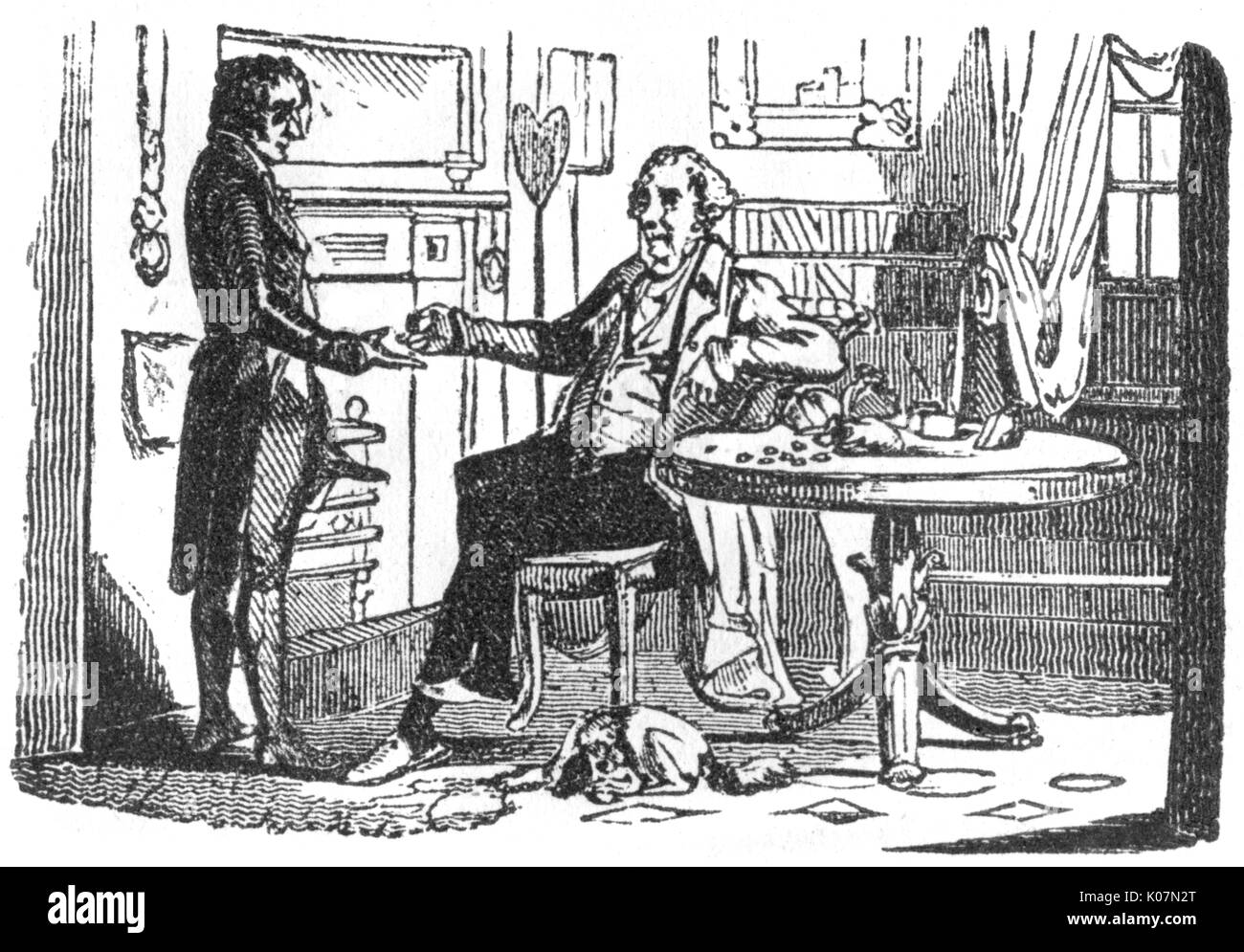 Ein Gentleman bezahlt einen Handwerker oder Diener, c1800 Stockfoto