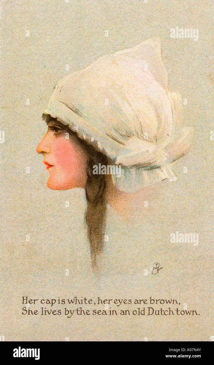 Profil einer Holländerin mit weißer Mütze Stockfoto