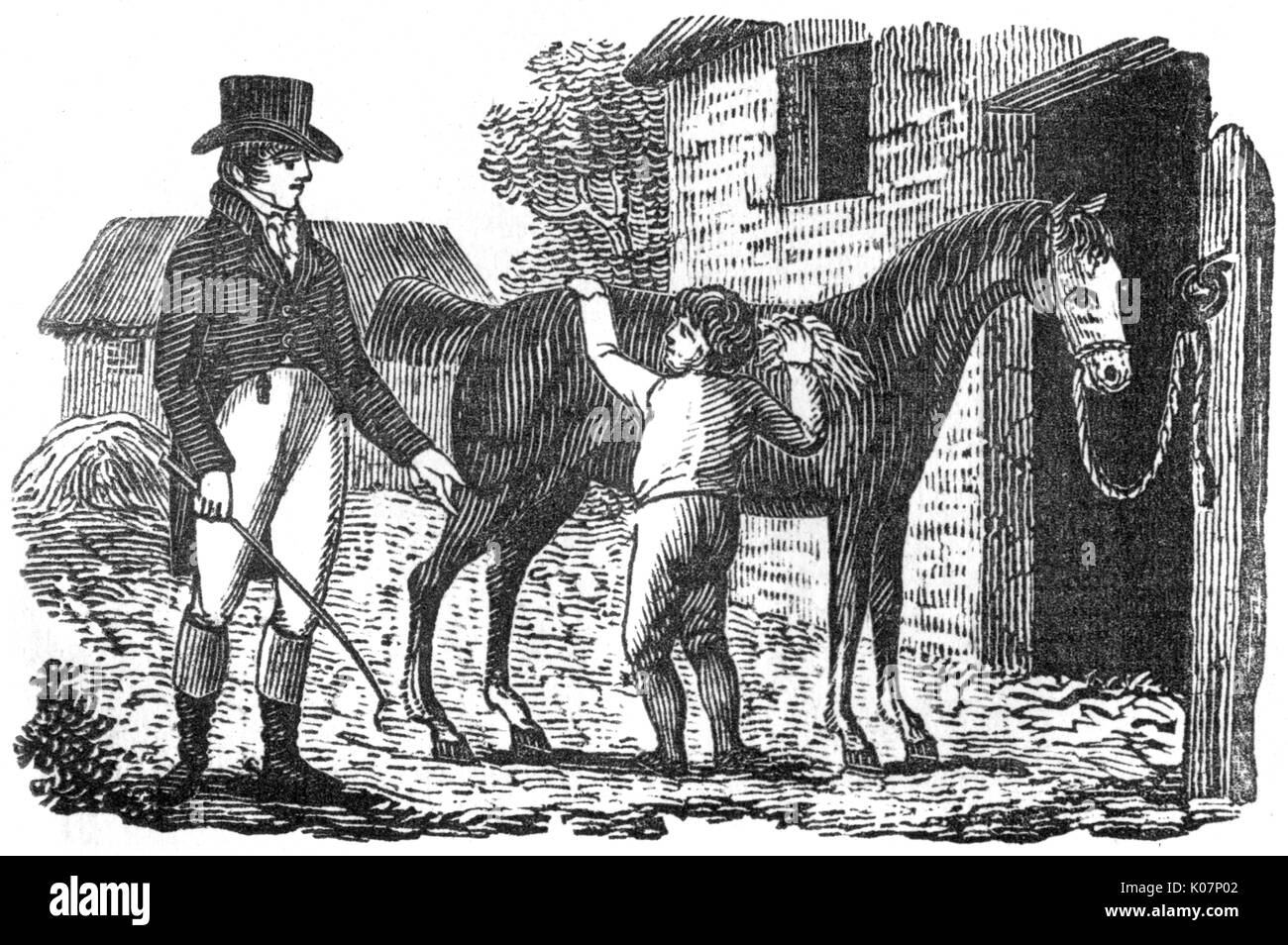 Ein Junge, der ein Pferd für einen Gentleman herstellt, c.1800 Stockfoto