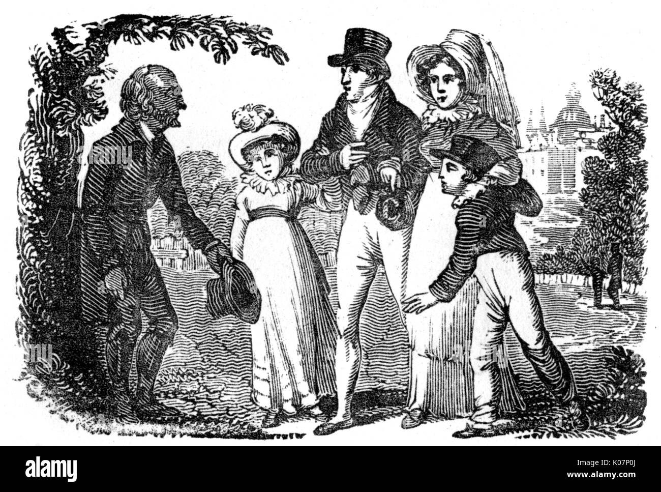 Wohlhabende Familienbegegnung, armer Mann, c.1800 Stockfoto