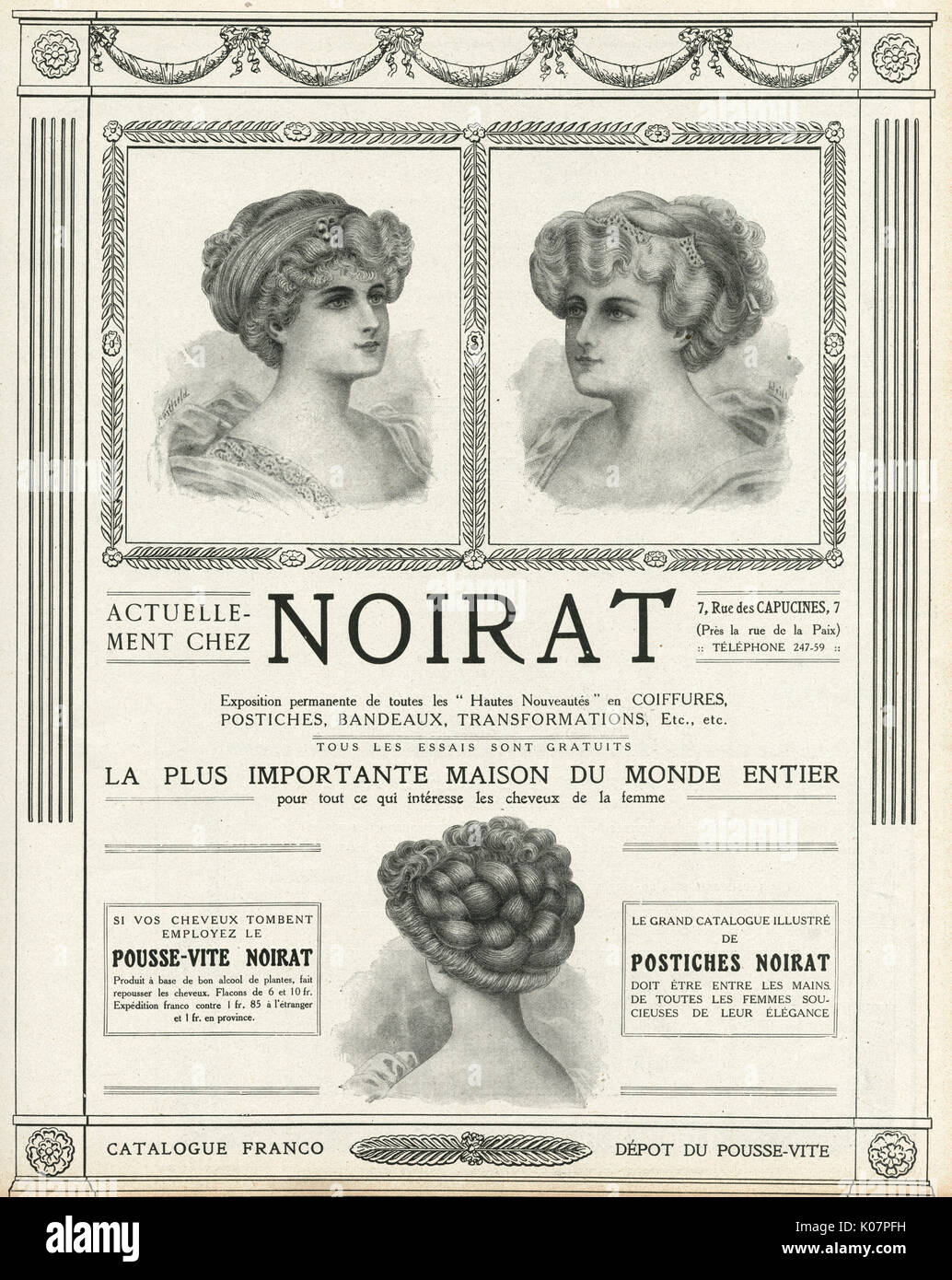 Werbung für Noirat, Frisuren, Haarteile und Stirnbänder 1910 Stockfoto