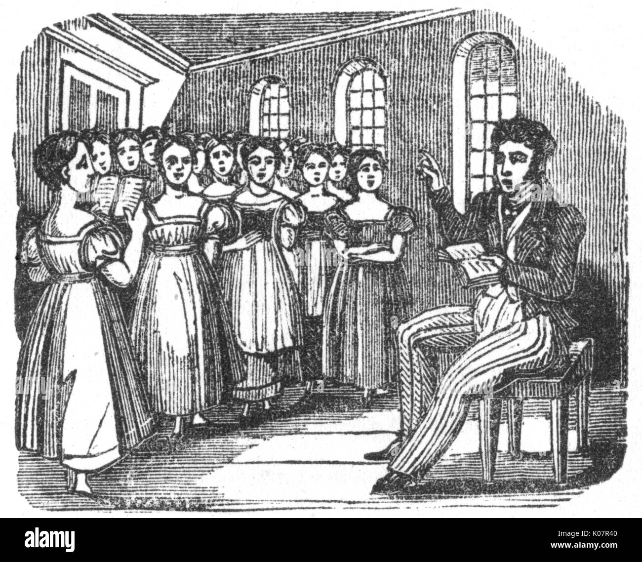 Mädchen singen oder rezitieren, in der Schule oder der Sonntagsschule, mit einem Lehrer, c. 1800 Datum: C 1800 Stockfoto