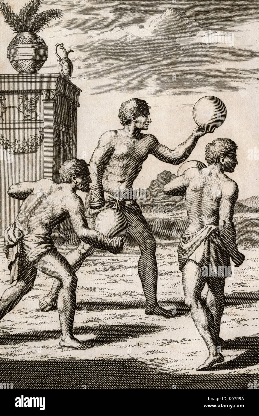 Das römische Spiel von Pila mit einem aufgeblasenen Follis-Ball Stockfoto