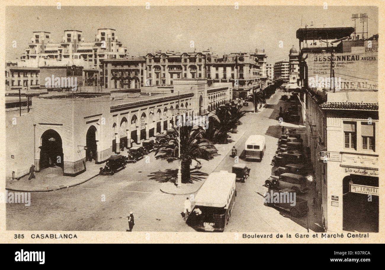 Luftbild des Boulevard de la Gare und Zentrale Markt, Casablanca, Marokko. ca. 1930 Stockfoto