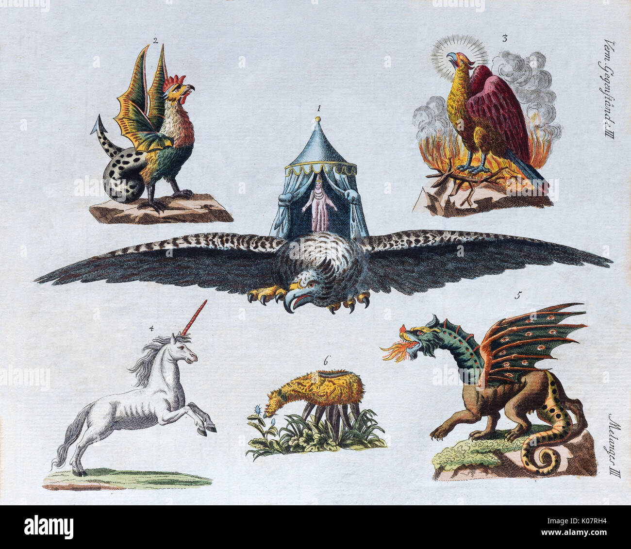 Magische Kreaturen, handcolorierte Kupferstich aus Bilderbuch für Kinder von Friedrich Justin Bertuch, Weimar, 1792. Stockfoto