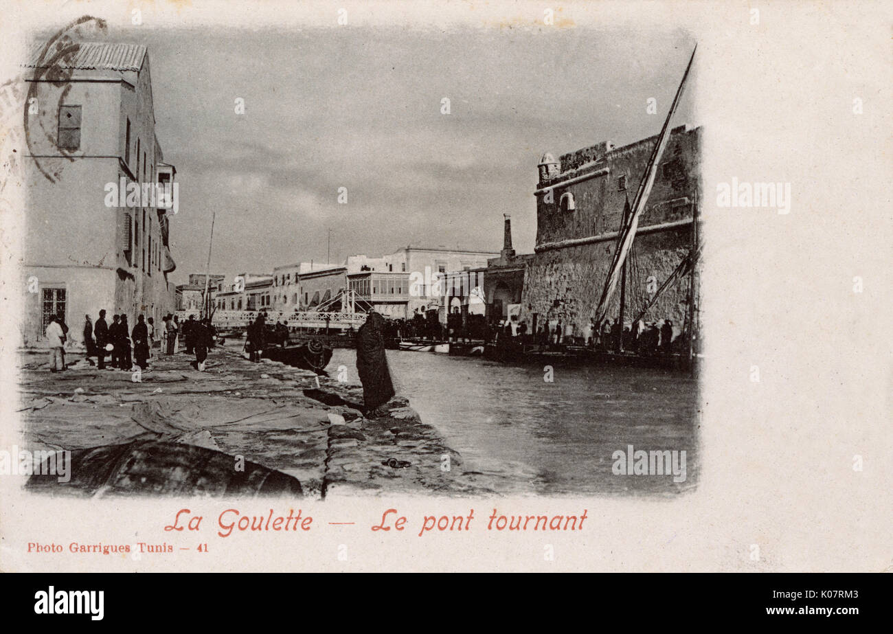 Swing Bridge im Hafen La Goulette, dem Hafen von Tunis, Tunesien und Nordafrika. Datum: ca. 1900 s Stockfoto