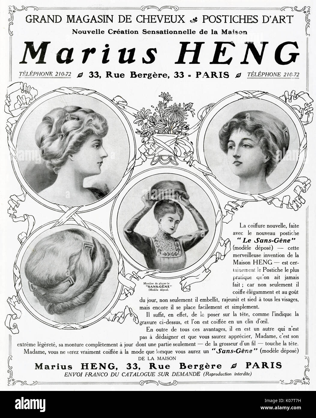 Werbung für Marius Heng, Haarteile 1910 Stockfoto