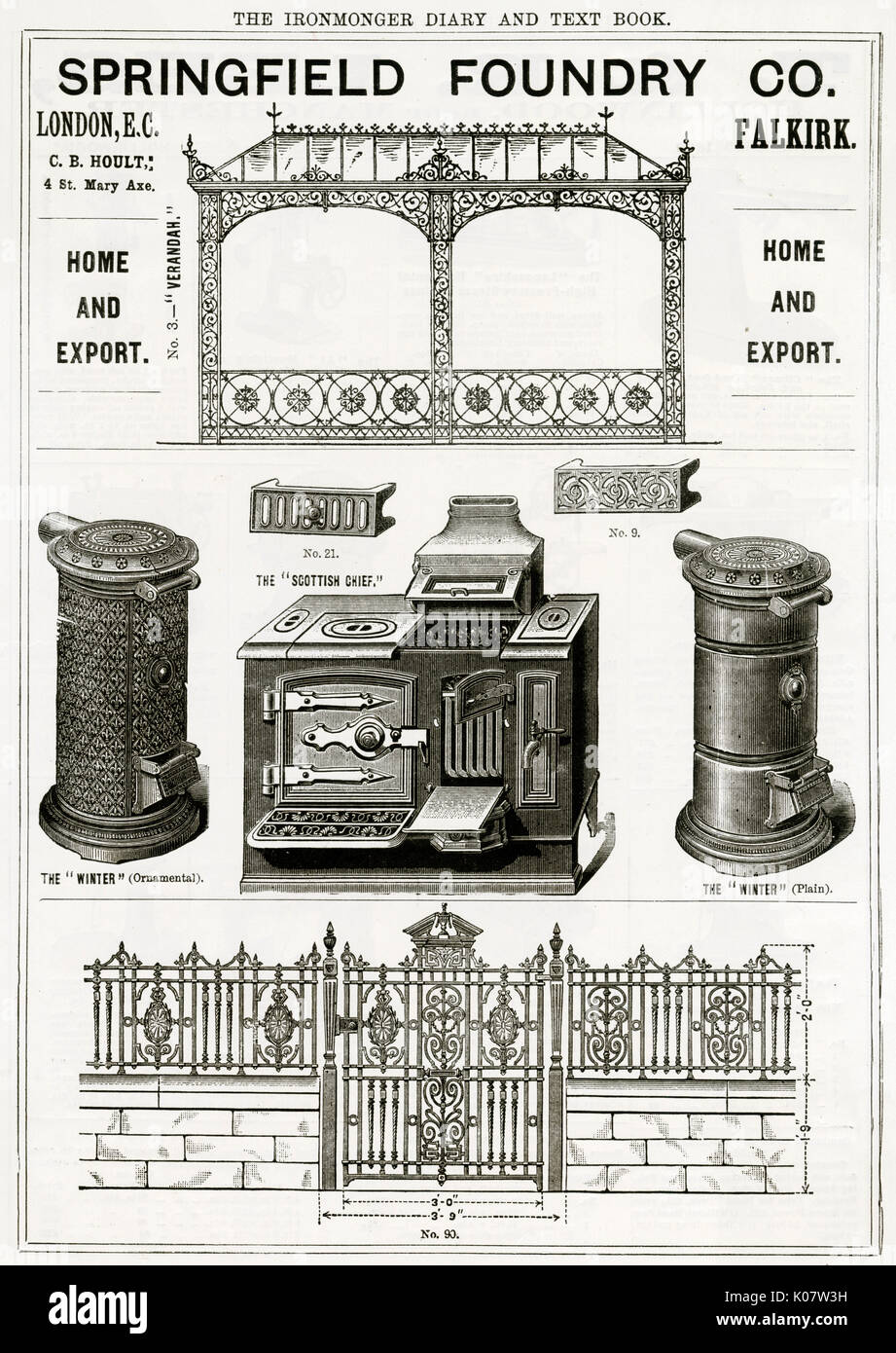 Springfield Gießerei, die eine Vielfalt von Eisen Elemente, die Sie machen. Von einer Veranda, Boiler-öfen Toren verzierten. Datum: 1889 Stockfoto