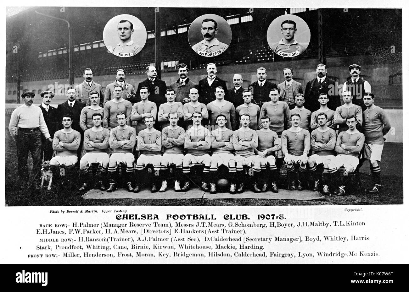 Chelsea Football Club Team und Management, Saison 1907-1908 (Namen unter dem Foto). Datum: 1907-1908 Stockfoto