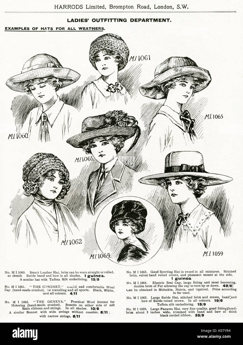 Handel Katalog für Harrord's Kaufhaus und zeigt eine Seite Auswahl der Hüte für jedes Wetter. Datum: 1911 Stockfoto