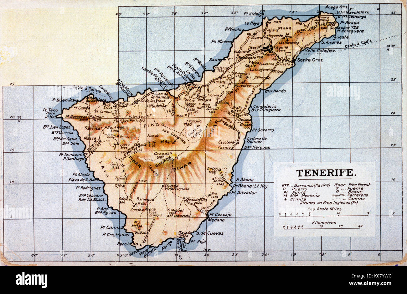 Karte von Teneriffa, Kanarische Inseln Stockfoto