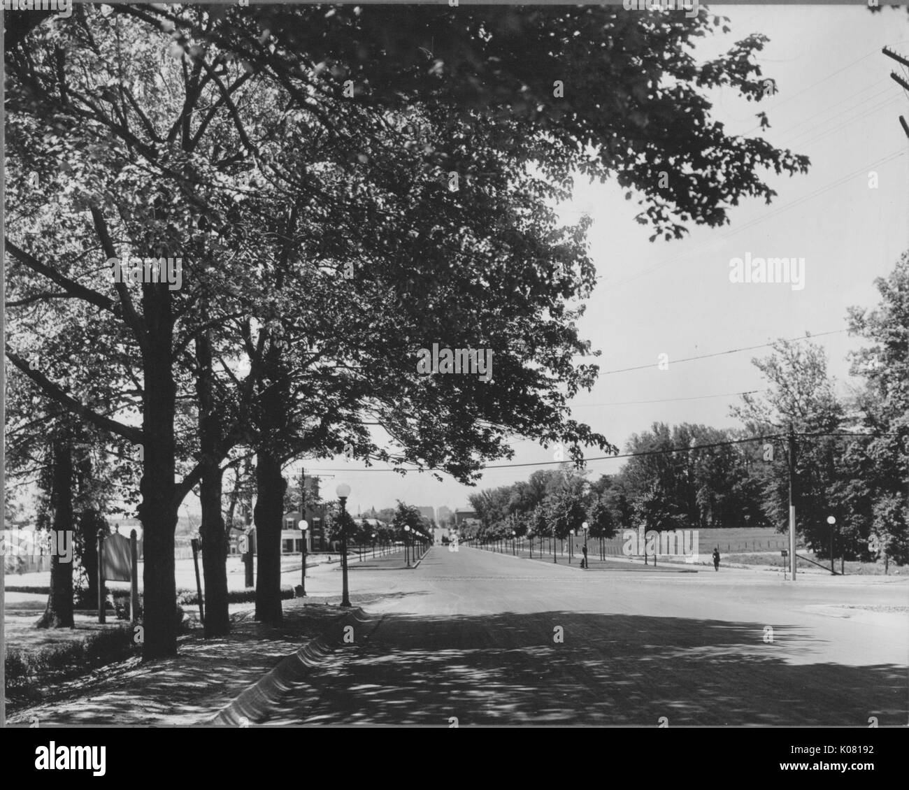 Foto von einer Straße in Baltimore, mit Kugel - wie Straßenlaternen, die Straße ohne Autos, und nur ein paar Fußgänger, eine glatte asphaltierte Straße mit vielen schattigen Bäumen auf den Bürgersteigen, United States, 1920. Dieses Bild wird von einer Reihe dokumentieren den Bau und den Verkauf von Wohnungen in der Roland Park/Guilford Nachbarschaft von Baltimore, einer Straßenbahn Vorort und eines der ersten geplanten Gemeinschaften in den Vereinigten Staaten. Stockfoto