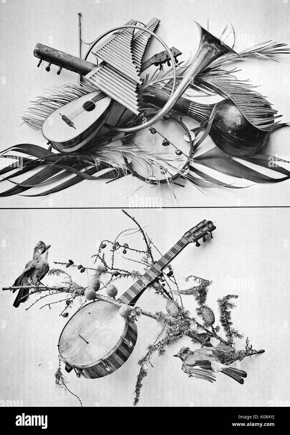 Girlanden und dekorative Gruppen von Martin Gerlach, zwei Bilder übereinander, Bild oben enthält zwei banjos, eine Panflöte, ein Tamburin, ein Horn und Palmenblättern, unten Bild enthält ein Banjo mit zwei kleine Vögel, Kiefer Äste, Tannenzapfen, 1900. Stockfoto