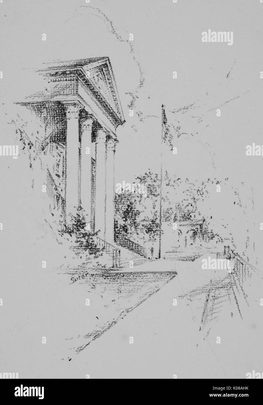 Foto des Äußeren von Gilman Hall auf dem Homewood Campus von der Johns Hopkins University in Baltimore, Maryland, Architektur, Landschaft und ein Fahnenmast, 1870. Stockfoto