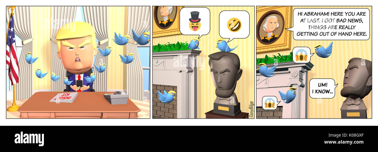 Politische cartoon Strip - Donald Trump twittern im Oval Office - Inhalt kann in jeder beliebigen Sprache bearbeitet werden. Stockfoto